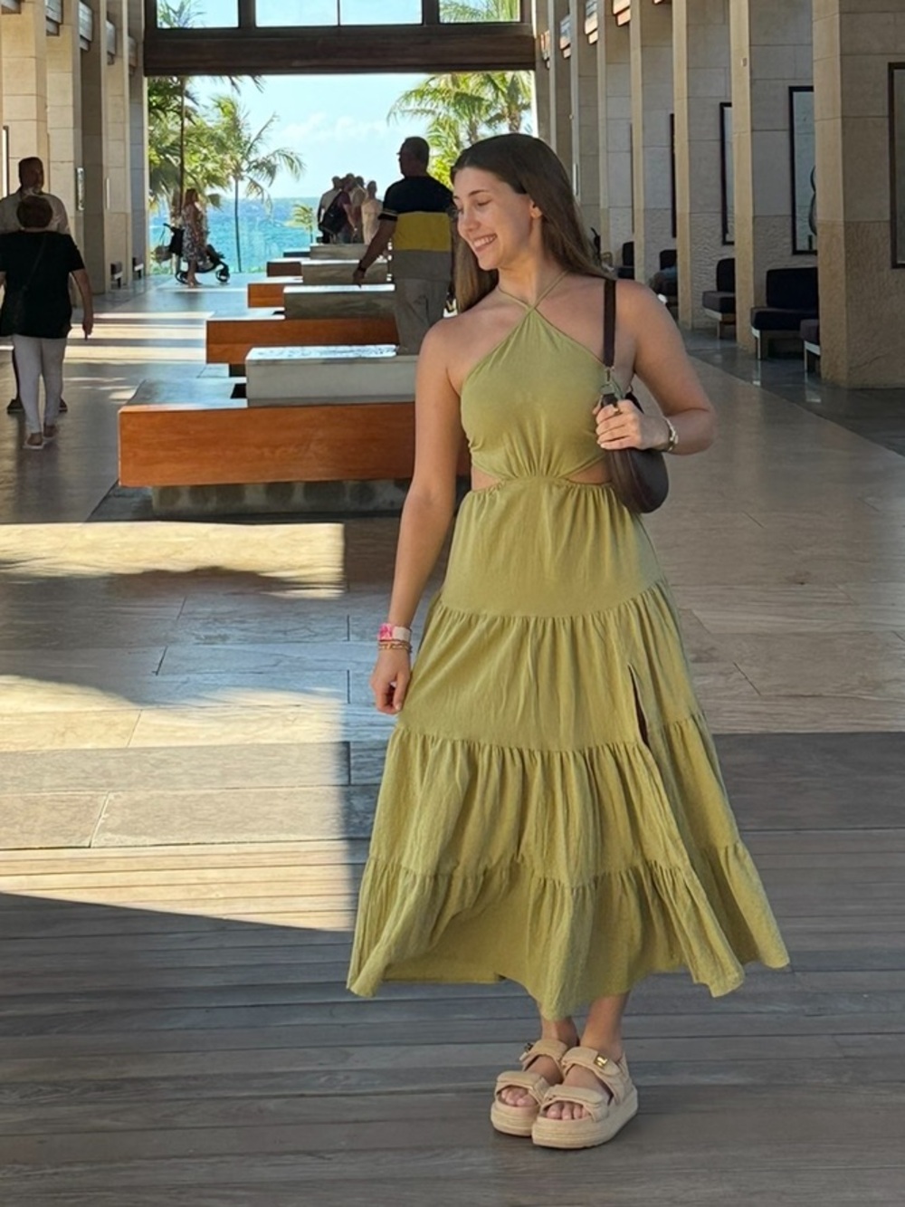 Olive Halter Cutout Tiered Maxi Dress
